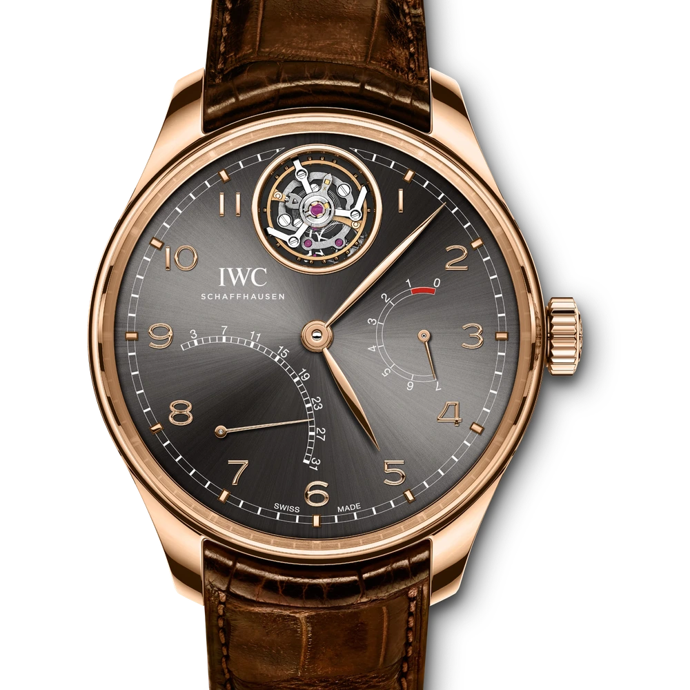 IWC Portugieser Tourbillon Mystère Rétrograde, 18 ct 5N gold, grey dial