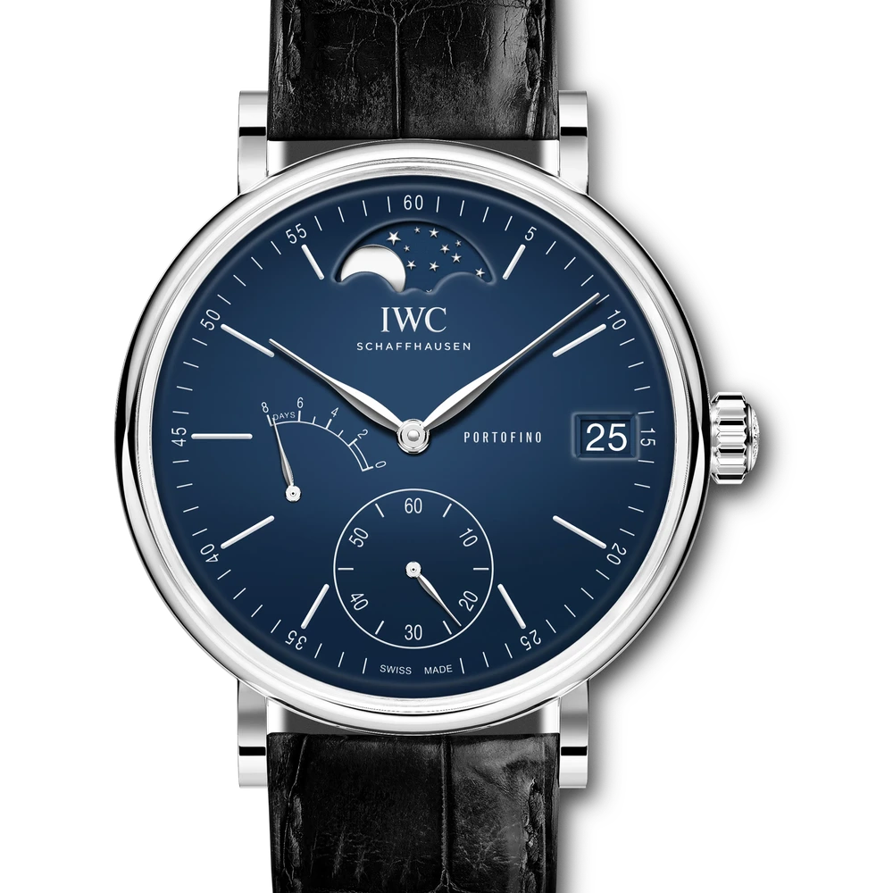 IWC Portofino Hand-Wound Moon Phase Edition "150 Years", Stainless steel, blue dial