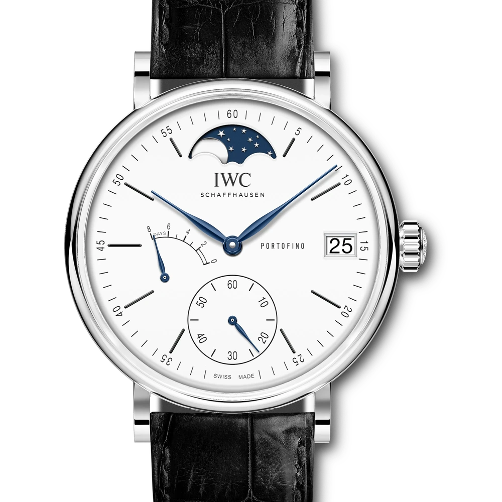 IWC Portofino Hand-Wound Moon Phase Edition "150 Years", Stainless steel, white dial