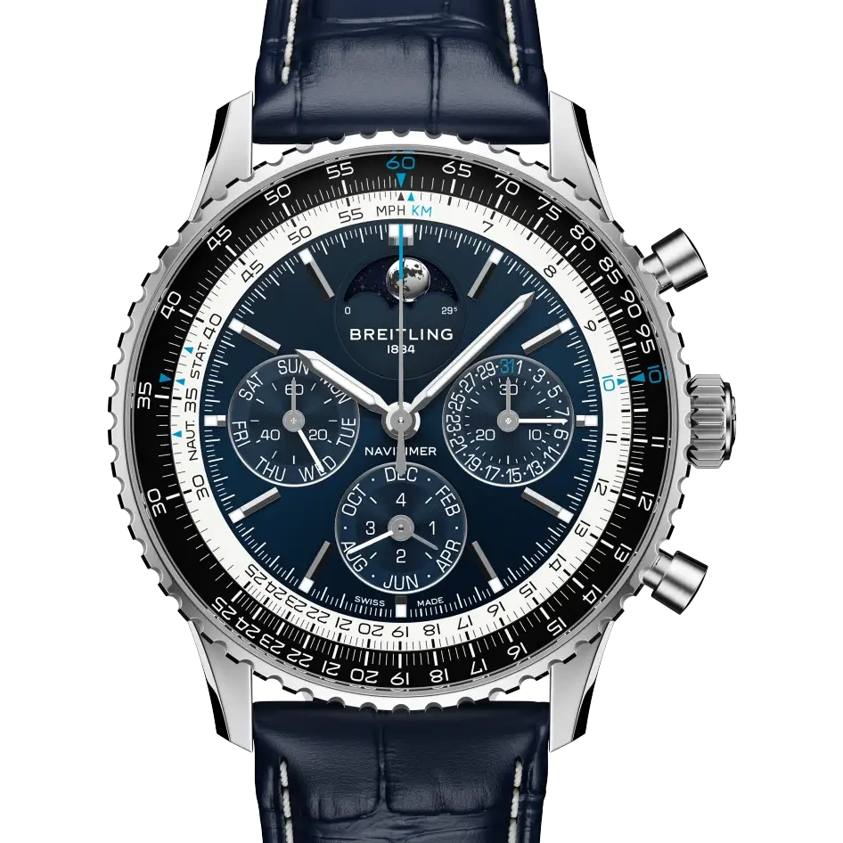 Breitling Navitimer B19 Chronograph 43 Perpetual Calendar, 43 mm, platinum, blue dial