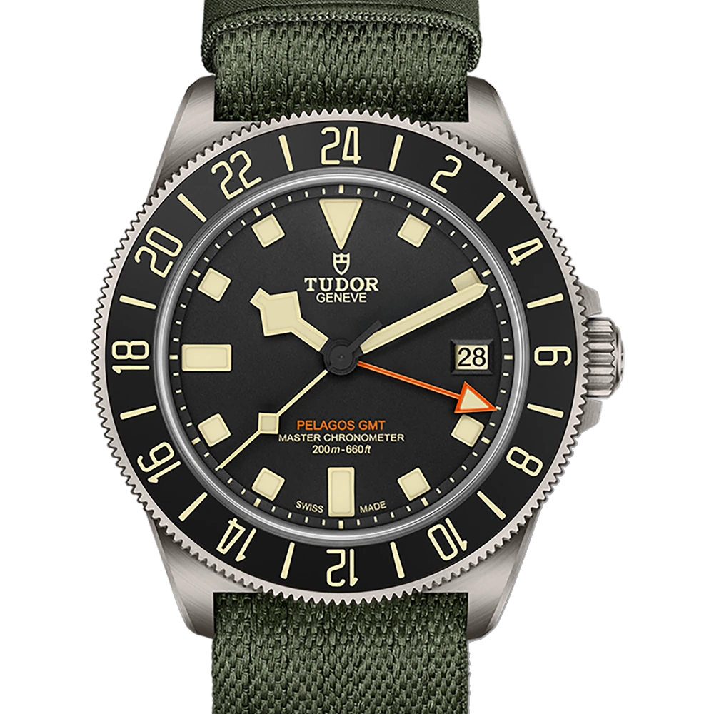 Tudor Pelagos FXD GMT, 42mm titanium case, green fabric strap, matte black dial