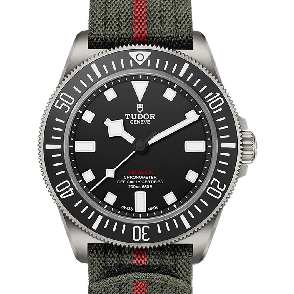 Tudor Pelagos FXD, 42mm titanium case, green fabric strap with red band, black rubber strap, matte black dial