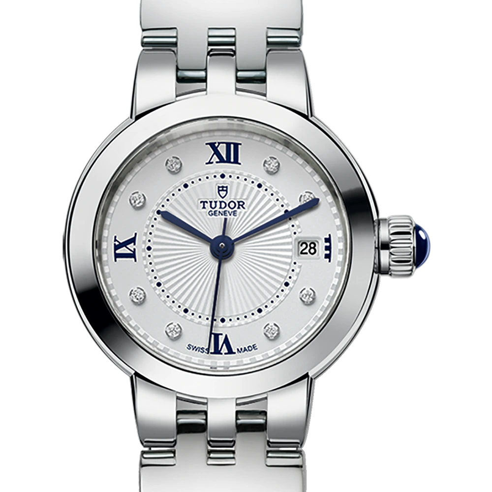 Tudor Clair de Rose, 26mm steel case, steel bracelet, opaline with 8 diamonds dial