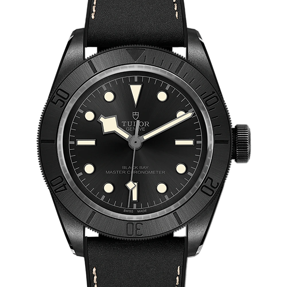 Tudor Black Bay Ceramic, 41mm ceramic case, hybrid leather and rubber strap, black fabric strap, black dial