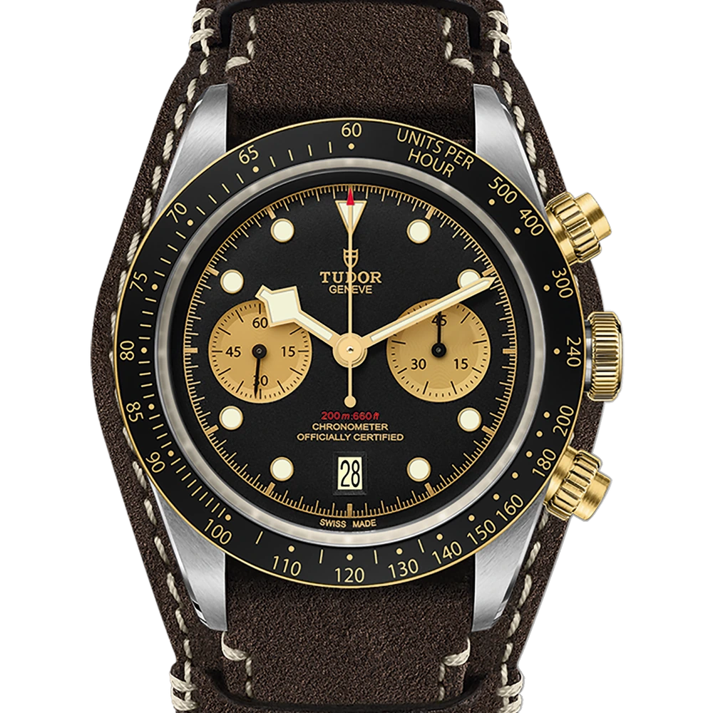 Tudor Black Bay Chrono S&G, 41mm steel case, brown leather strap, black dial