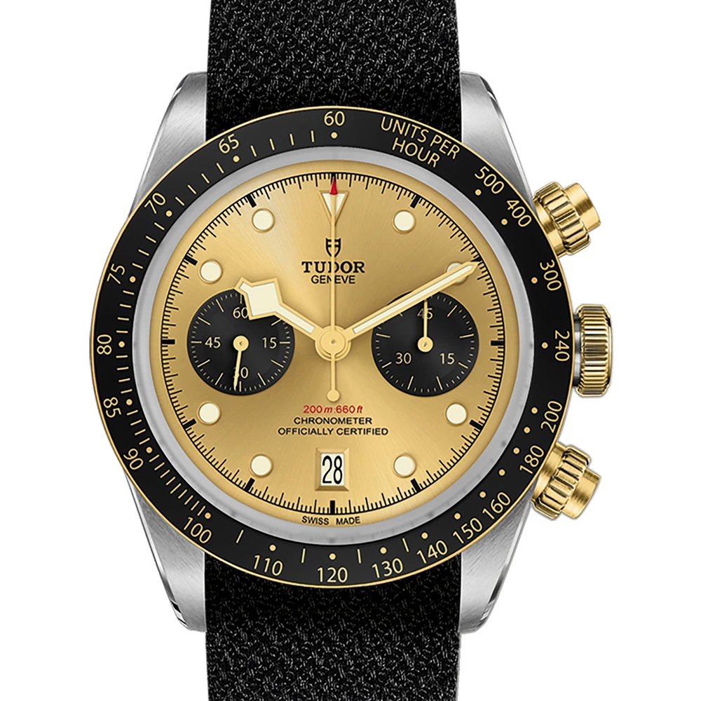 Tudor Black Bay Chrono S&G, 41mm steel case, black fabric strap, champagne-colour with black counters dial