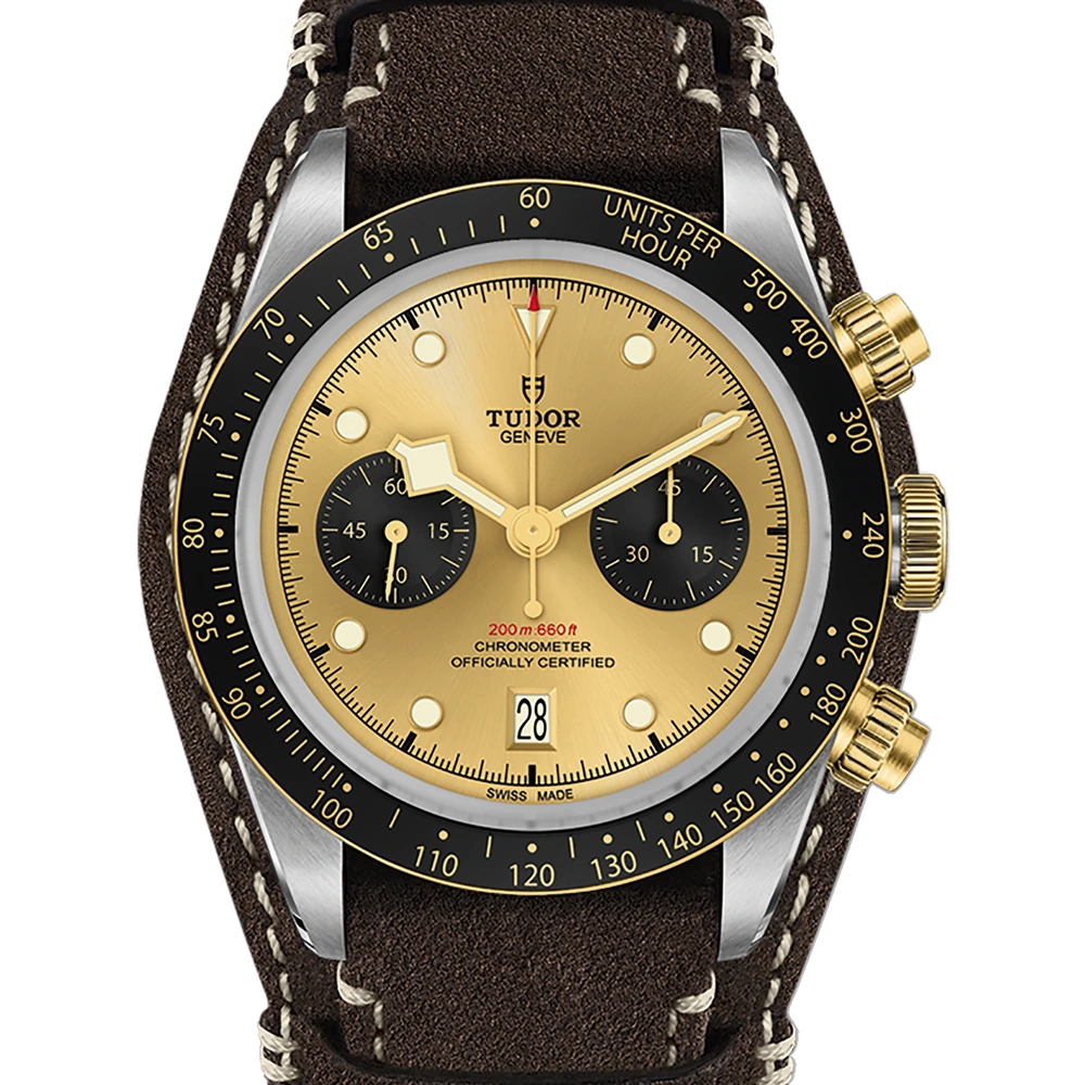 Tudor Black Bay Chrono S&G, 41mm steel case, brown leather strap, champagne-colour with black counters dial
