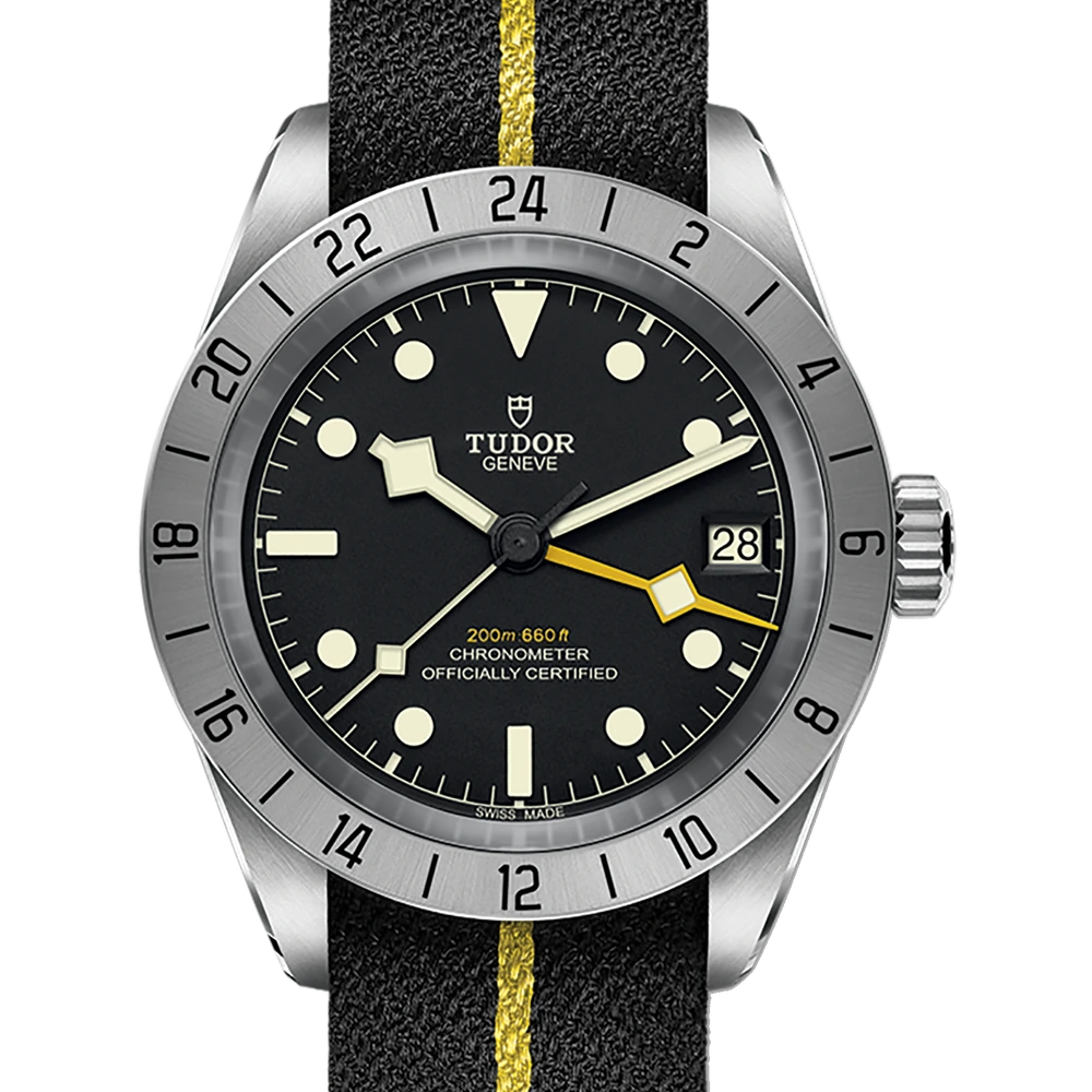 Tudor Black Bay Pro, 39mm steel case, black fabric strap with yellow band, black dial