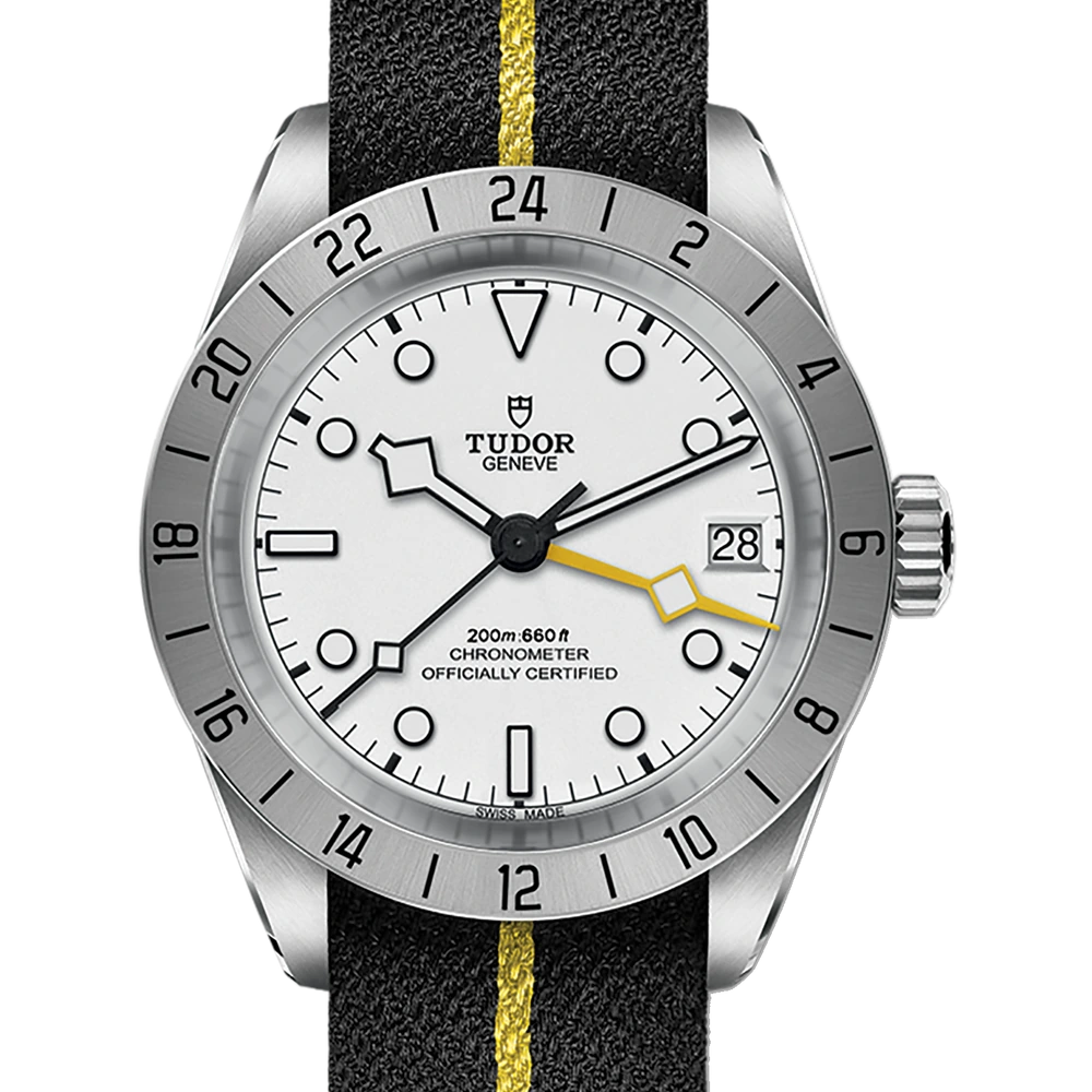 Tudor Black Bay Pro, 39mm steel case, black fabric strap with yellow band, opaline dial