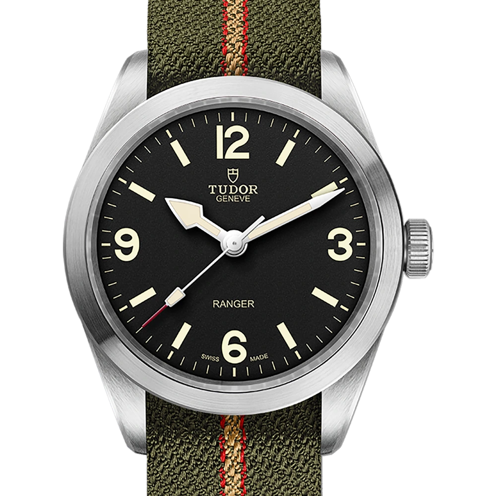 Tudor Ranger, 39mm steel case, green, red and beige fabric strap, black dial