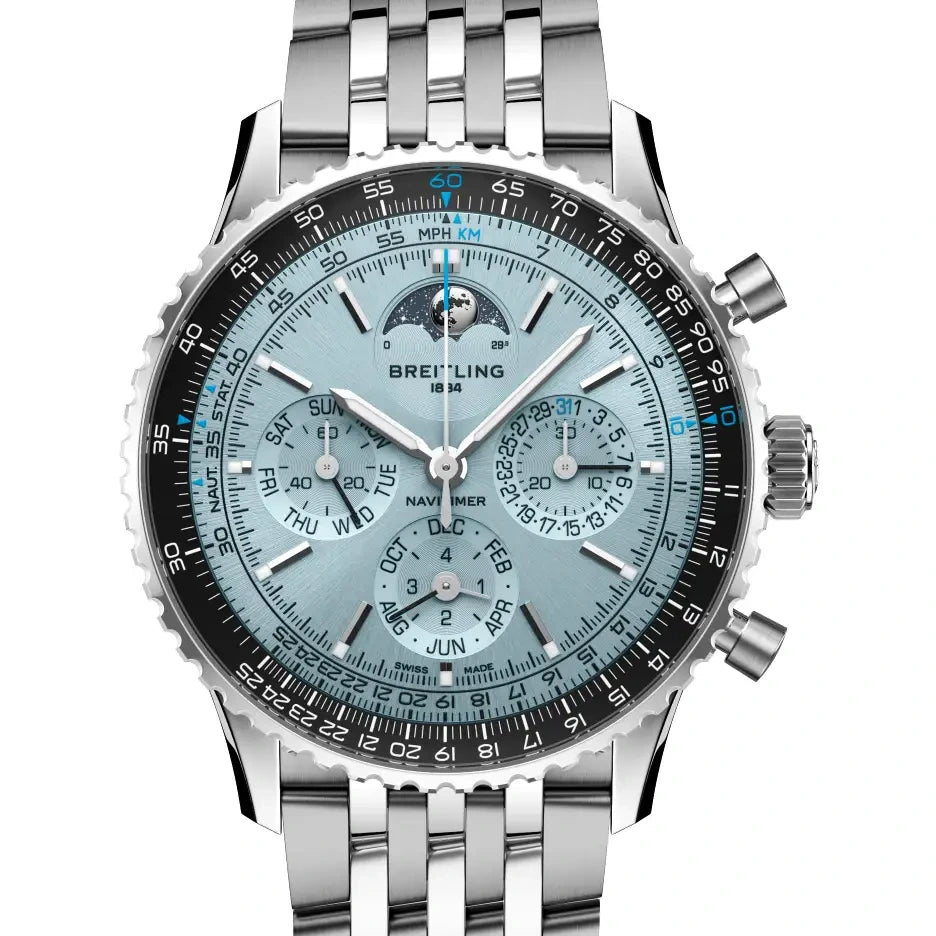 Breitling Navitimer B19 Chronograph 43 Perpetual Calendar, 43 mm, stainless steel & platinum, ice blue dial