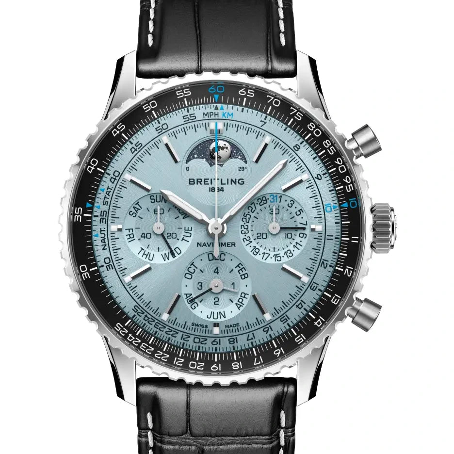 Breitling Navitimer B19 Chronograph 43 Perpetual Calendar, 43 mm, stainless steel & platinum, ice blue dial