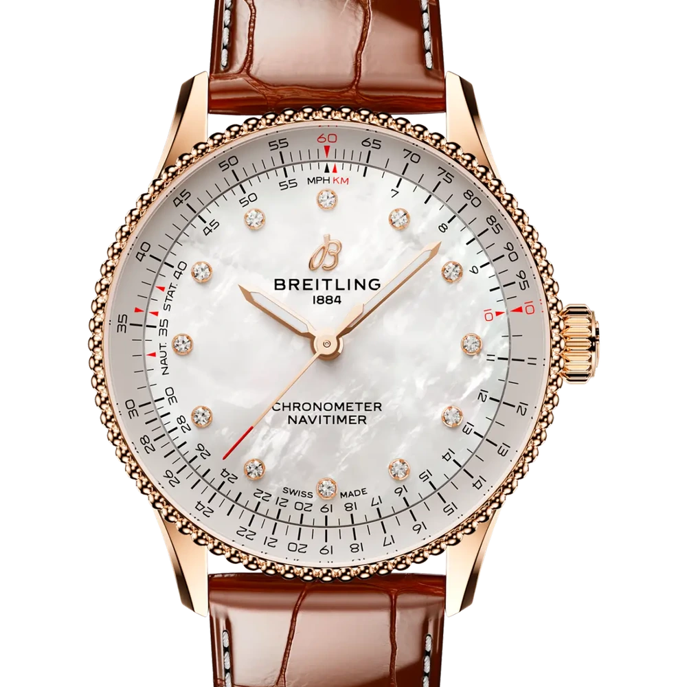Breitling Navitimer Automatic 36, 36 mm, small scale traceable 18K red gold, mother-of-pearl dial