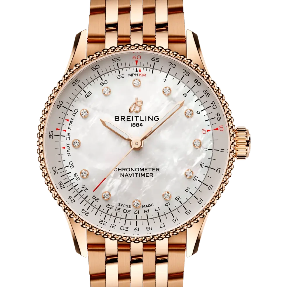 Breitling Navitimer Automatic 36, 36 mm, small scale traceable 18K red gold, mother-of-pearl dial