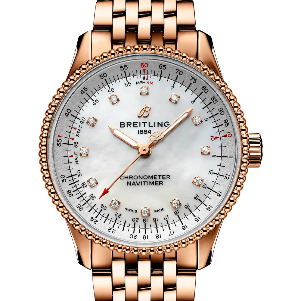 Breitling Navitimer Automatic 35, 35 mm, 18k red gold, mother-of-pearl dial
