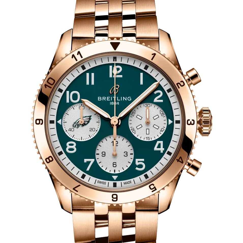 Breitling Classic AVI Chronograph 42 Super Bowl LIX Philadelphia Eagles Limited Edition, 42 mm, 18k red gold, green dial