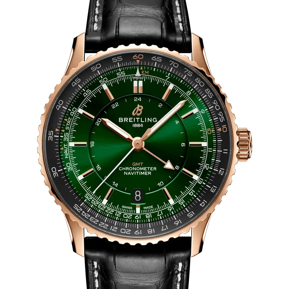 Breitling Navitimer Automatic GMT 41, 41 mm, small scale traceable 18K red gold, green dial
