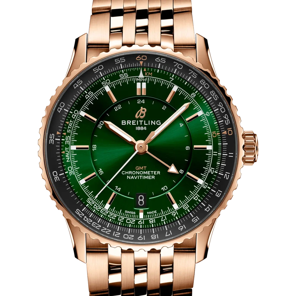 Breitling Navitimer Automatic GMT 41, 41 mm, small scale traceable 18K red gold, green dial