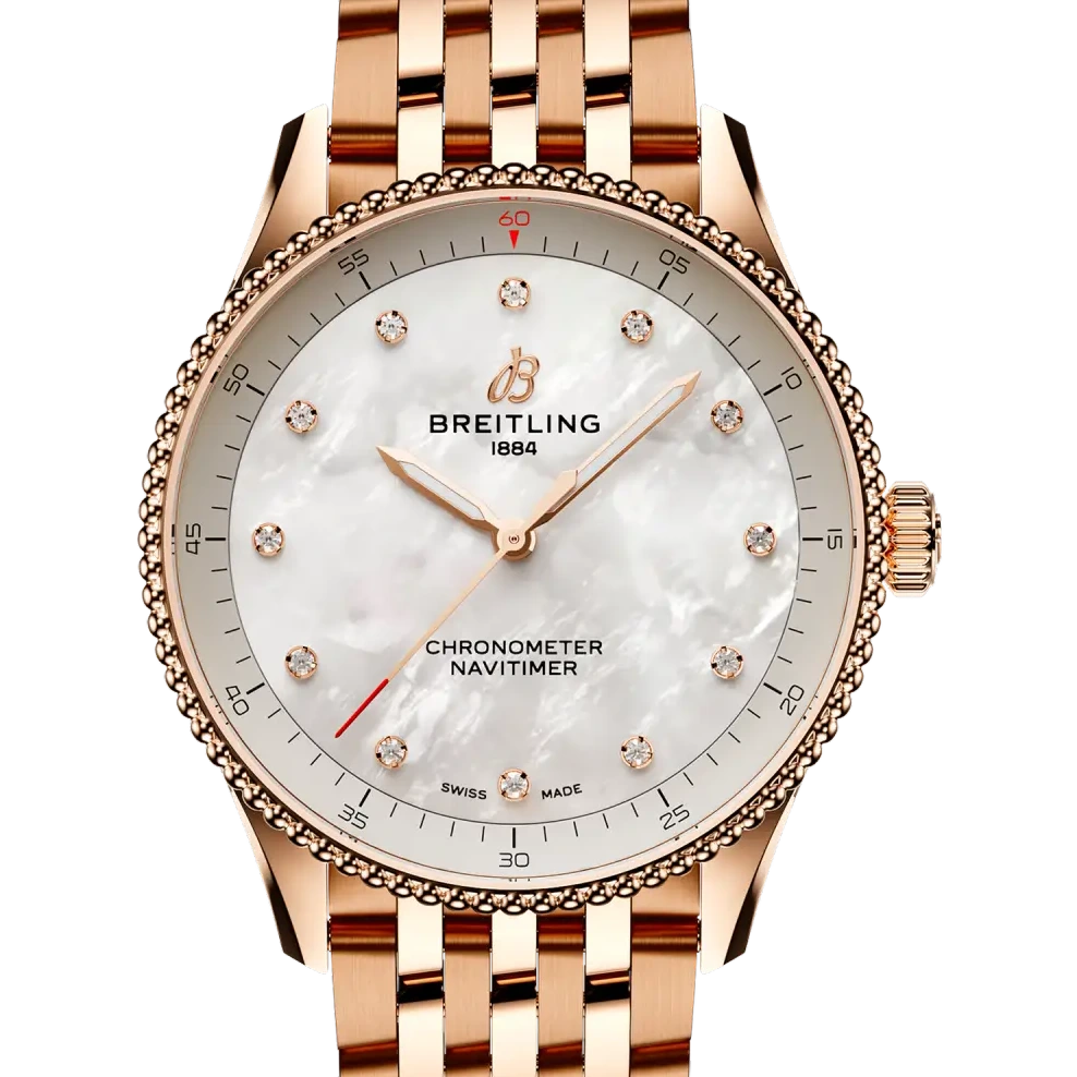 Breitling Navitimer 32, 32 mm, small scale traceable 18K red gold, mother-of-pearl dial