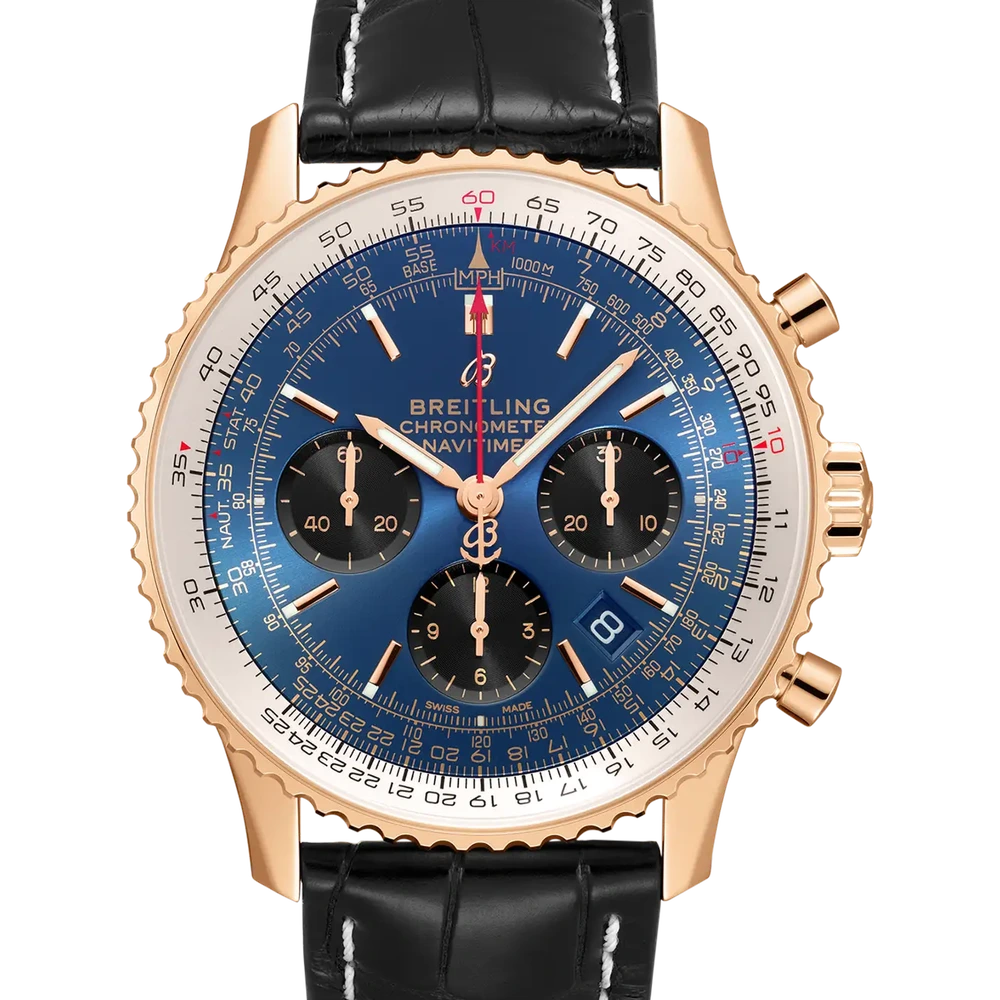 Breitling Navitimer B01 Chronograph 43, 43 mm, 18k red gold, blue dial