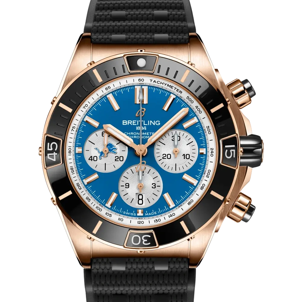 Breitling Super Chronomat B01 Chronograph 44 NFL Detroit Lions Edition, 44 mm, 18k red gold, blue dial