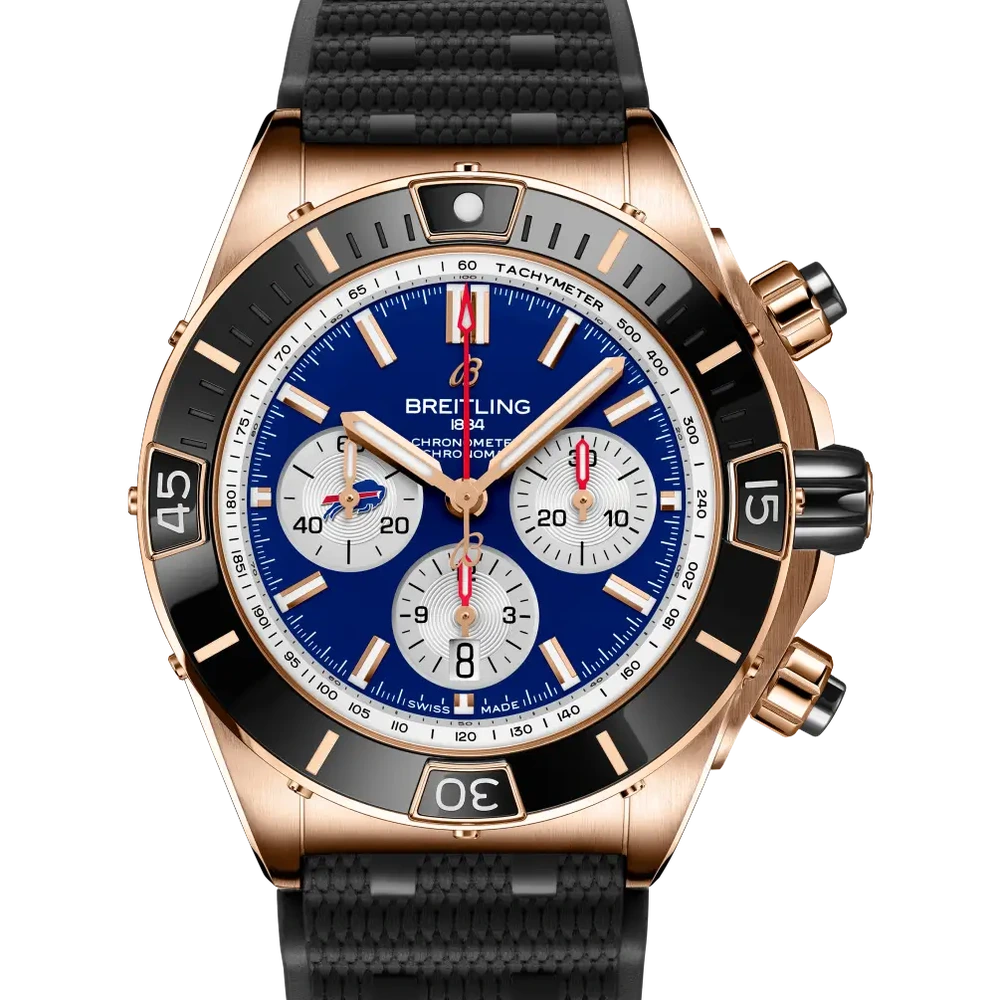Breitling Super Chronomat B01 Chronograph 44 NFL Buffalo Bills Edition, 44 mm, 18k red gold, blue dial