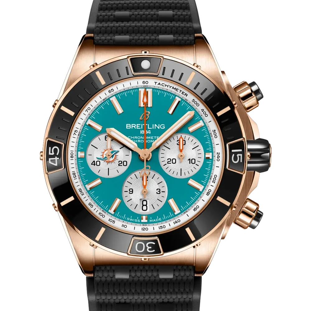 Breitling Super Chronomat B01 Chronograph 44 NFL Miami Dolphins, 44 mm, 18k red gold, turquoise dial