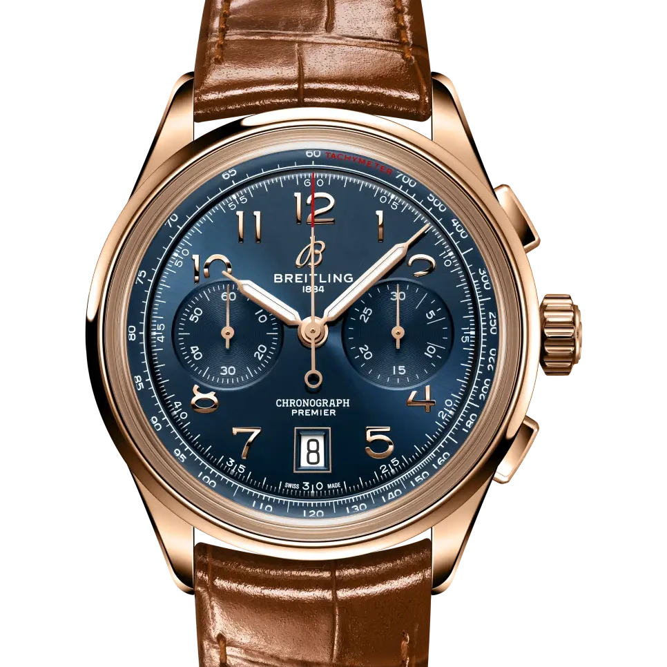 Breitling Premier B01 Chronograph 42, 42 mm, 18k red gold, blue dial