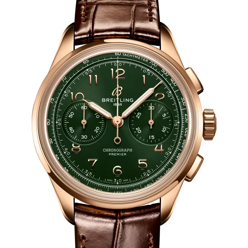 Breitling Premier B09 Chronograph 40, 40 mm, 18k red gold, green dial
