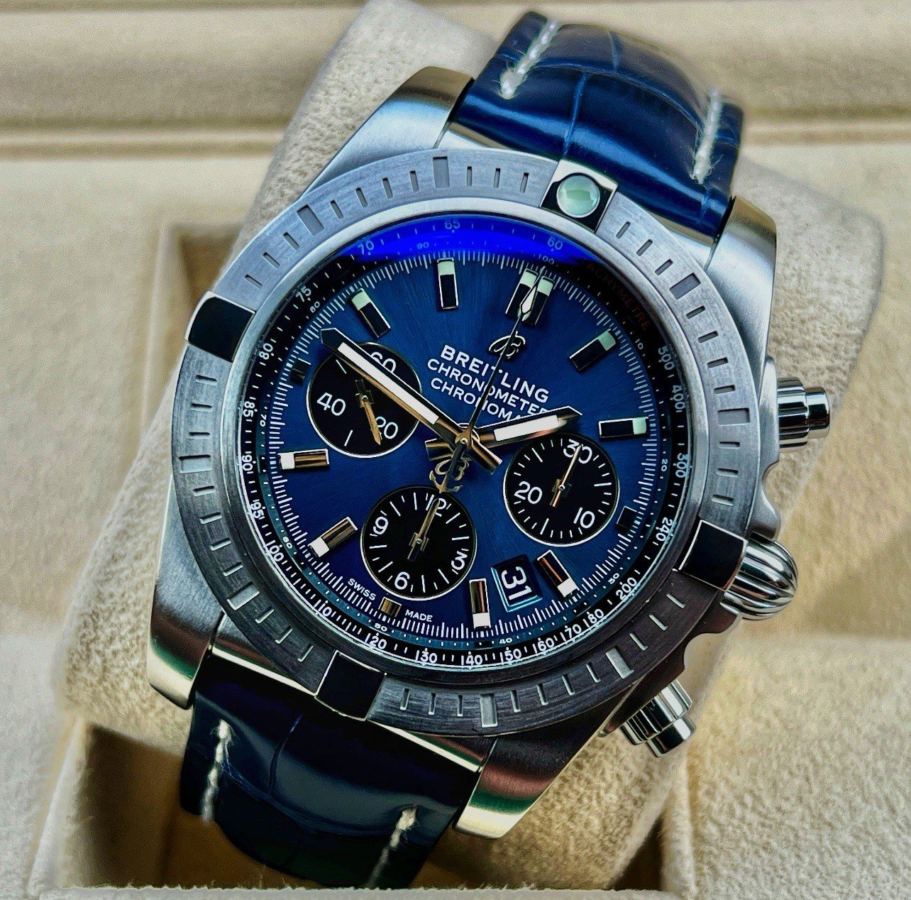 Rare Breitling Chronomat B01 44mm Steel Chronograph Blackeye Blue AB0115 B+Cert