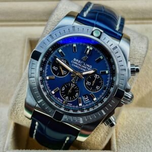 Rare Breitling Chronomat B01 44mm Steel Chronograph Blackeye Blue AB0115 B+Cert