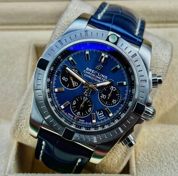 Rare Breitling Chronomat B01 44mm Steel Chronograph Blackeye Blue AB0115 B+Cert