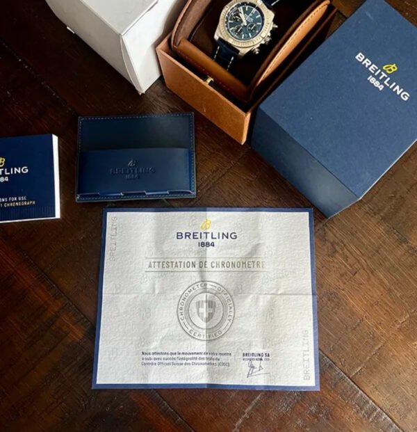 Rare Breitling Chronomat B01 44mm Steel Chronograph Blackeye Blue AB0115 B+Cert - Image 11