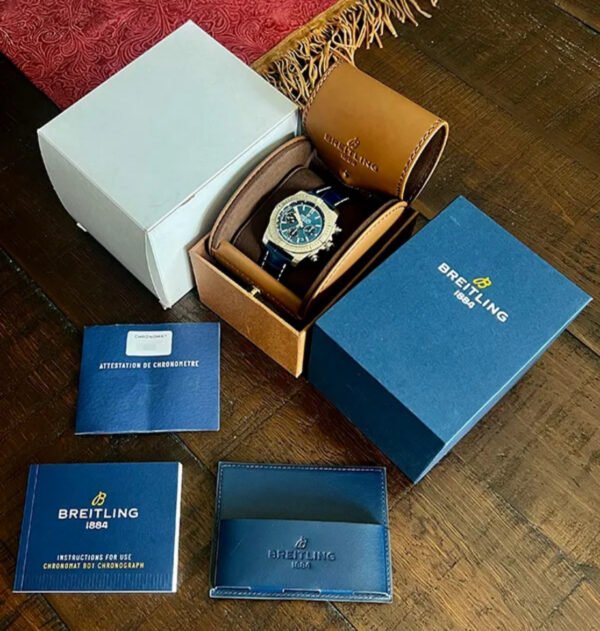 Rare Breitling Chronomat B01 44mm Steel Chronograph Blackeye Blue AB0115 B+Cert - Image 3